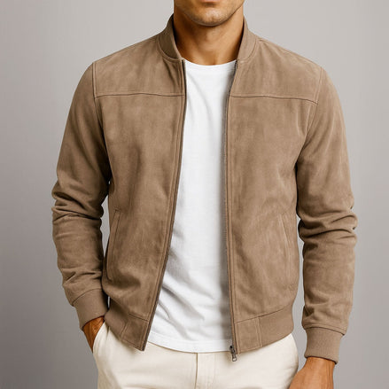 Men's Faux Suede Bomber Jacket with Ribbed Trim