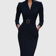 Long Sleeve Belted Bodycon Christmas Dress with Stand Collar