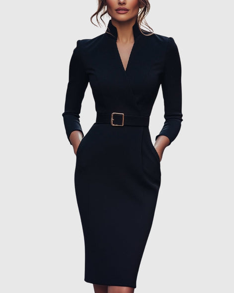 Long Sleeve Belted Bodycon Christmas Dress with Stand Collar