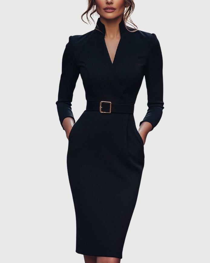 Long Sleeve Belted Bodycon Christmas Dress with Stand Collar