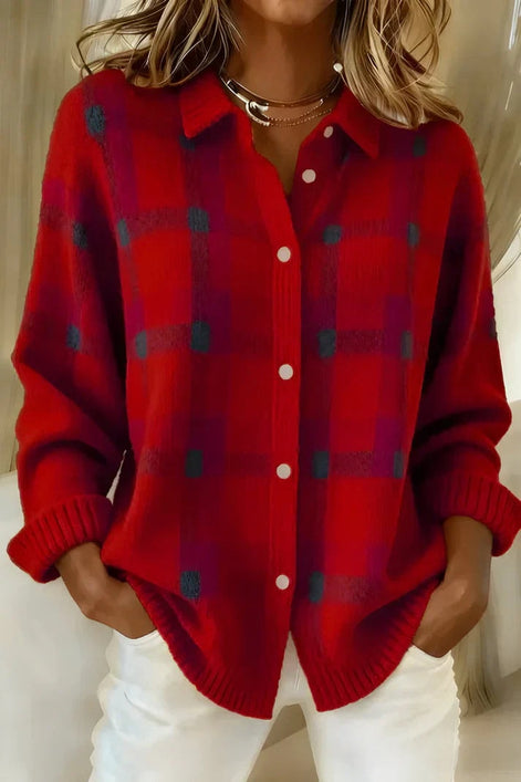 Ofelia Plaid Knitted Jumper Longline Button-Front Cardigan Sweater