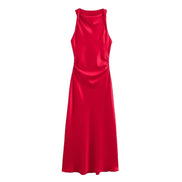 Satin Cowl Neck Midi Christmas Dress with Solid Pattern