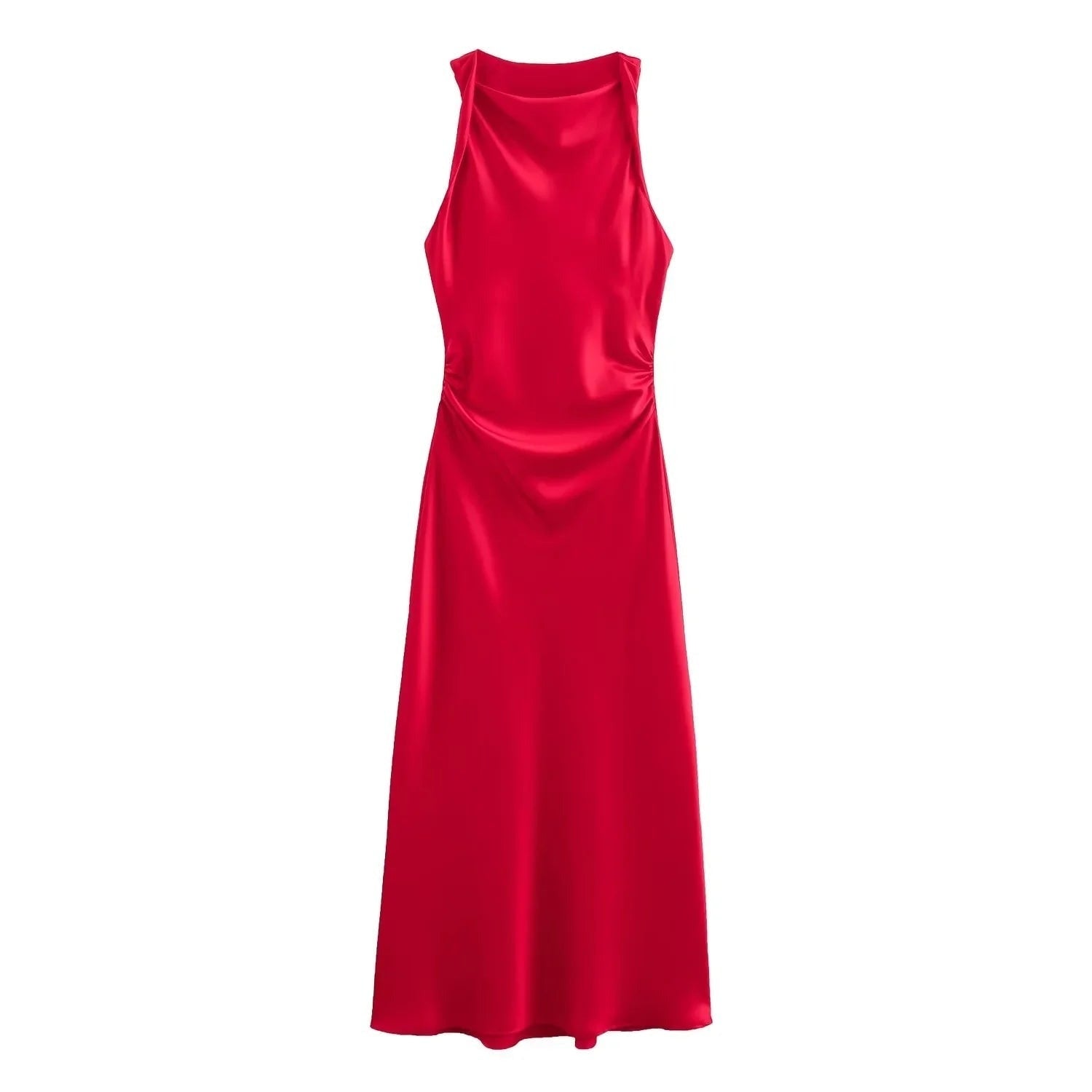 Satin Cowl Neck Midi Christmas Dress with Solid Pattern