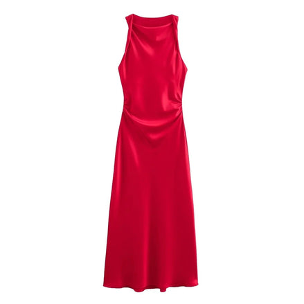 Satin Cowl Neck Midi Christmas Dress with Solid Pattern