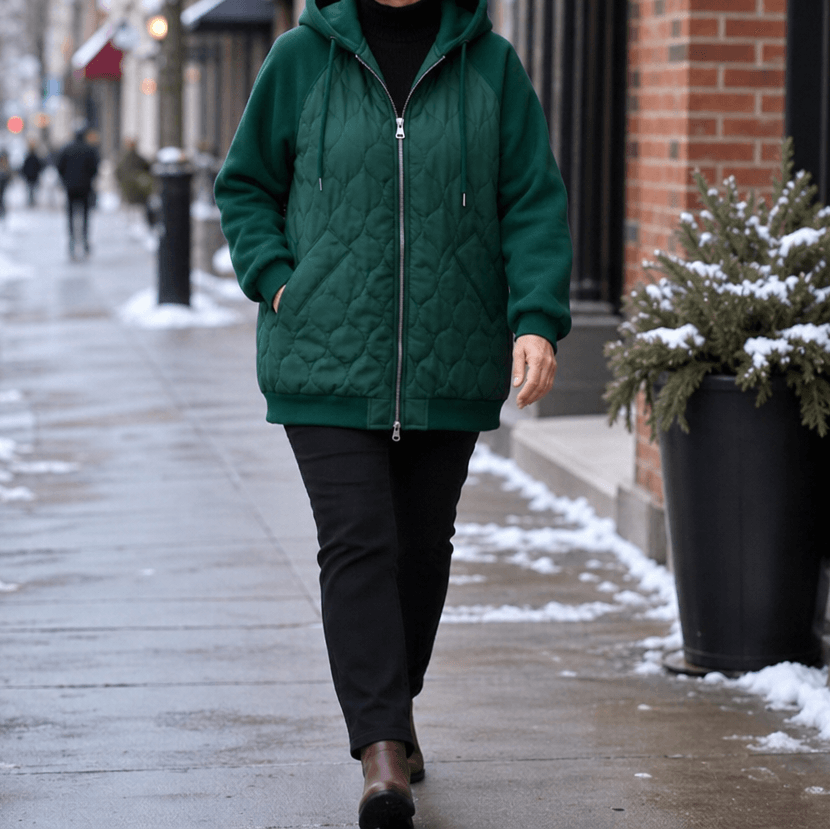 Women's Hooded Quilted Puffer Jacket with Spliced Panels
