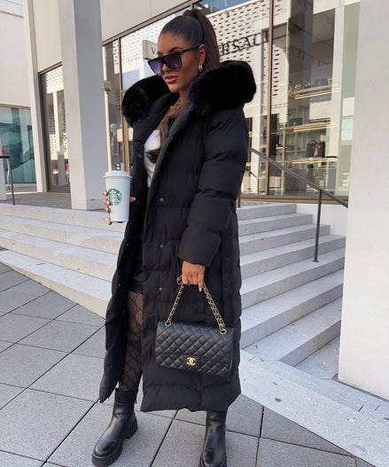 Belted Faux Fur Hood Long Puffer Winter Coats for Women