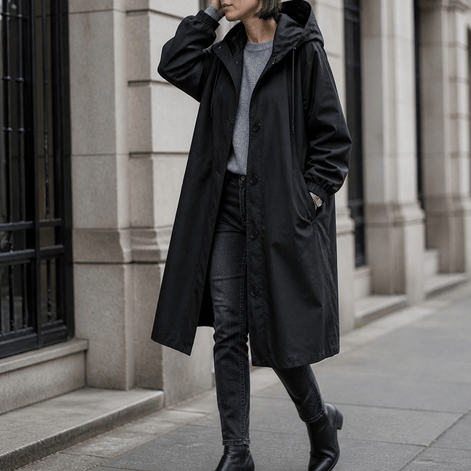 Women's Hooded Midi Coat with Drawstring Waist