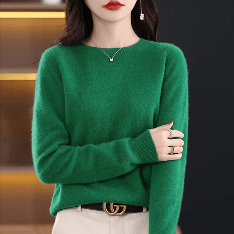 Crew Neck Cashmere Sweater with Ribbed Cuffs in Solid Pattern for Women
