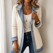 Women's Ribbed Knit Cardigan Coat with Denim Panel Trim