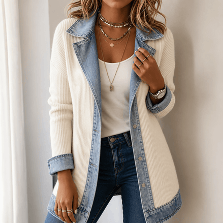Women's Ribbed Knit Cardigan Coat with Denim Panel Trim