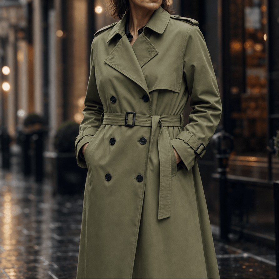 Mayfield Double-Breasted Long Belted Trench Coat with Tie Waist for Women
