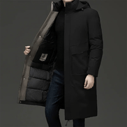 Padded Hooded Long Mens Coats with Drawstring Hem in Polyester