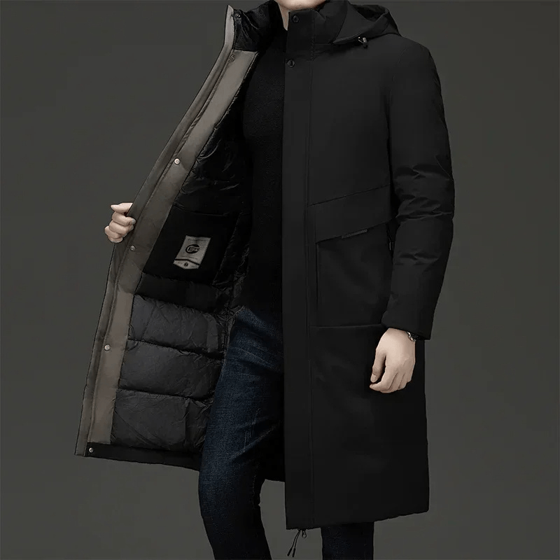 Padded Hooded Long Mens Coats with Drawstring Hem in Polyester