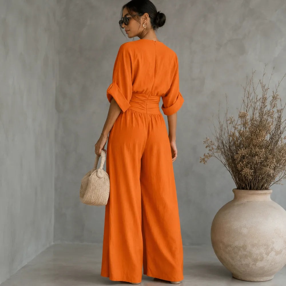 V-Neck Wide-Leg Jumpsuit with Pleated Waist Sash