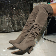 Women's Slouchy Faux Suede Over-the-Knee Boots with Block Heel and Lace-Up Detail