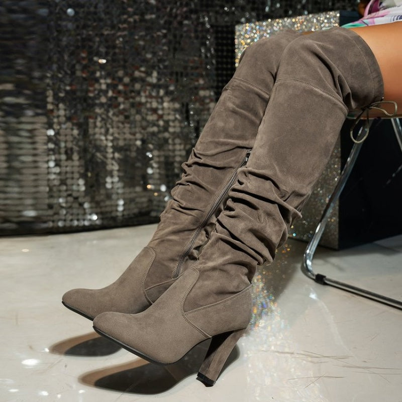 Women's Slouchy Faux Suede Over-the-Knee Boots with Block Heel and Lace-Up Detail