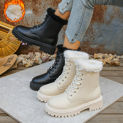 Faux Fur-Trimmed Lace-Up Platform Boots for Women with Lug Sole
