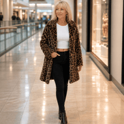 Leora Women's Leopard Print Faux Fur Longline Winter Coat with Open Front