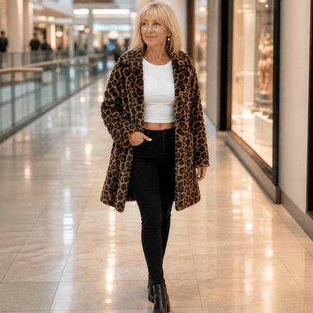 Leora Women's Leopard Print Faux Fur Longline Winter Coat with Open Front