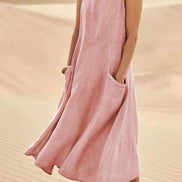 Sleeveless Linen-Look Midi Dress with Pockets