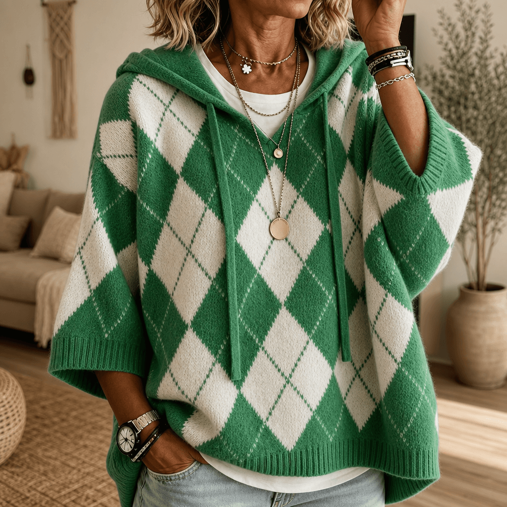 Women's Hooded Argyle Batwing Poncho Knit Jumper