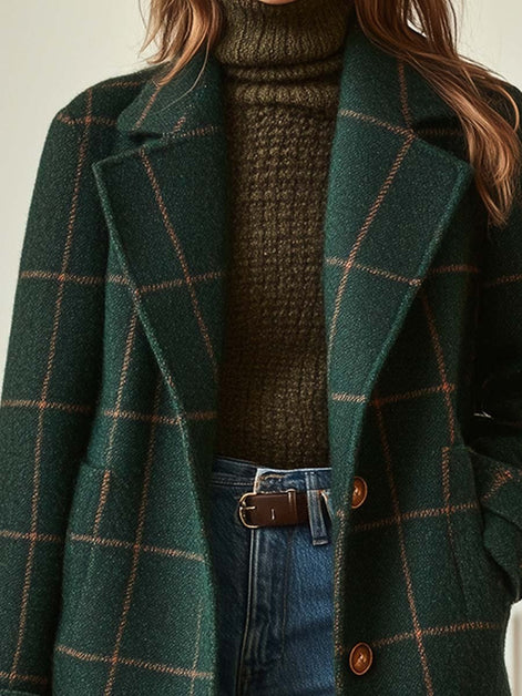 Plaid Notched Lapel Mid-Length Wool Blend Winter Coats for Women