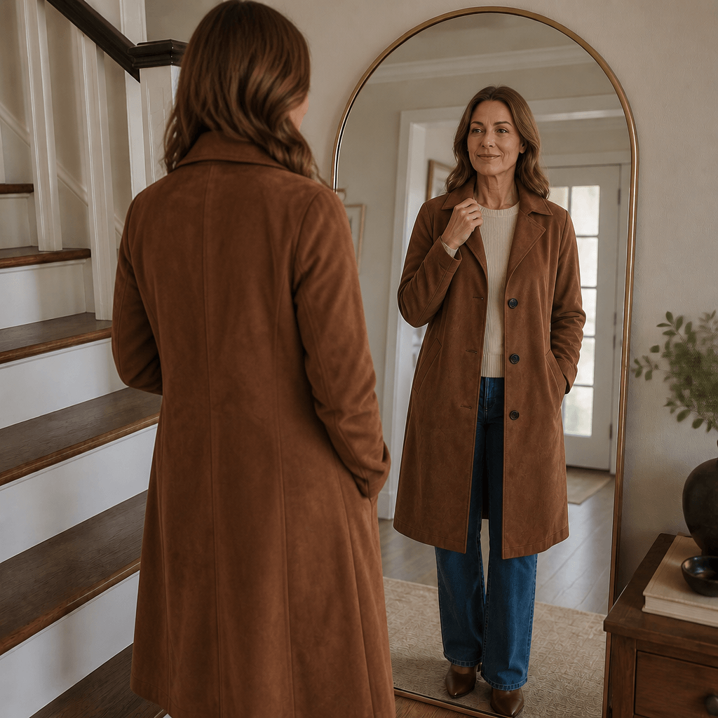 Women's Unstructured Suede-Look Long Coat with Button Front