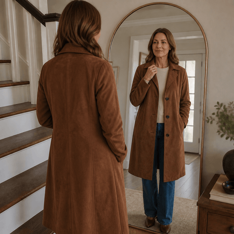 Women's Unstructured Suede-Look Long Coat with Button Front