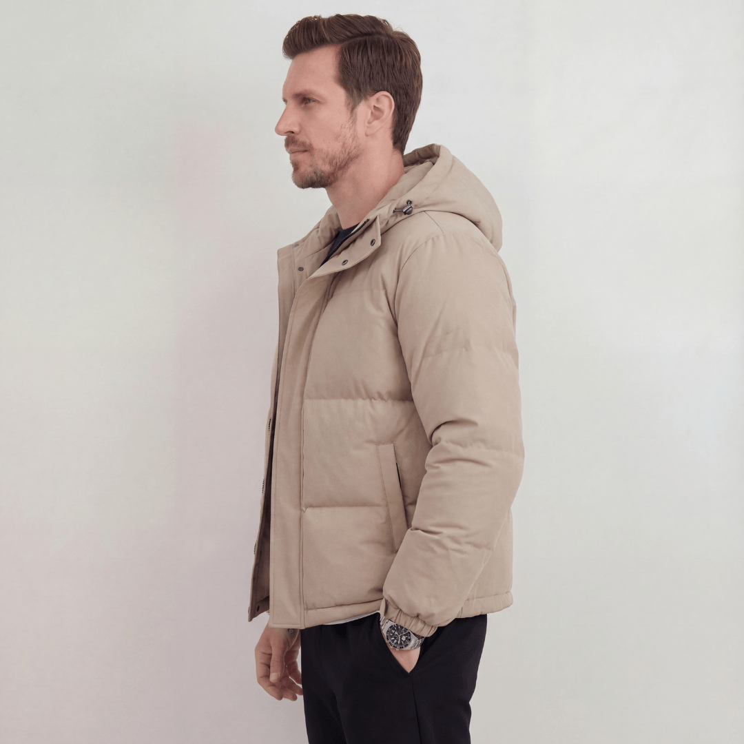 Hooded Puffer Jacket with Adjustable Hood for Men in Polyester Blend