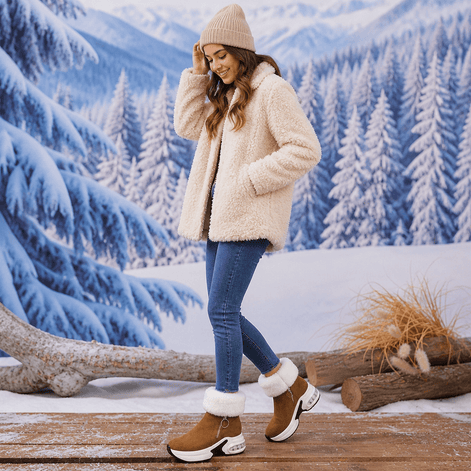 Women's Plush-Lined Wedge Winter Ankle Boots with Faux Fur Trim