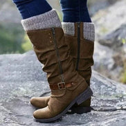 Women's Knee-High Slouch Boots with Knit Cuff and Buckle Strap
