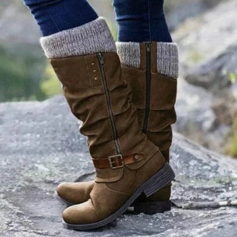 Women's Knee-High Slouch Boots with Knit Cuff and Buckle Strap