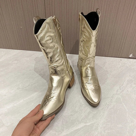 Nadia Embroidered Mid-Calf Western Boots for Women with Block Heel