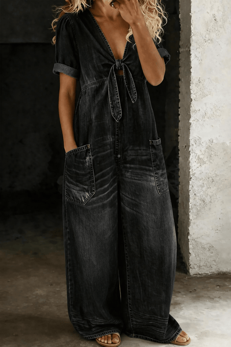 Maya Tie-Front Wide-Leg Denim Jumpsuit with Pockets