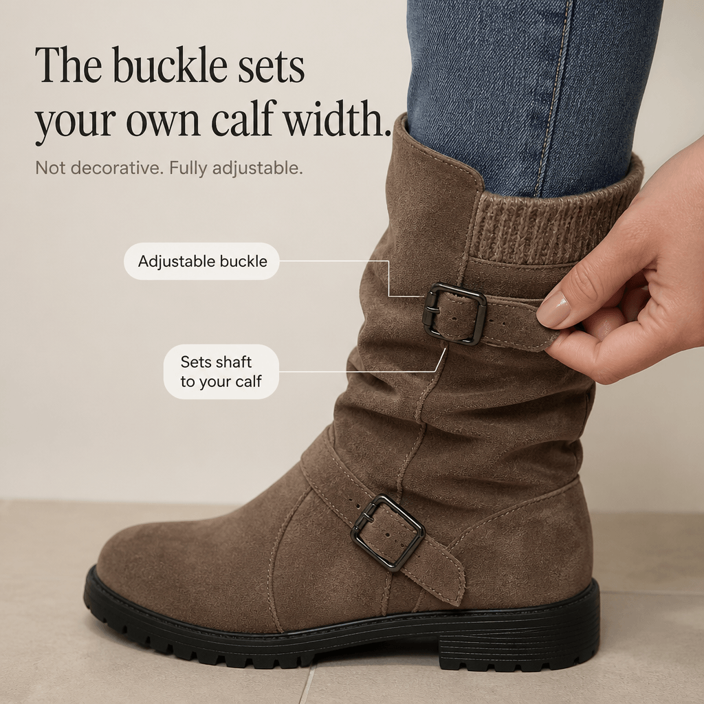 Slouchy Mid-Calf Boots with Buckle Strap for Women