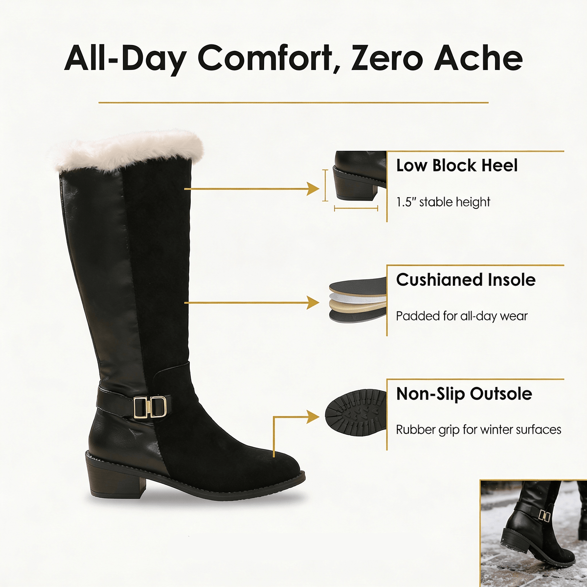 Velara Fleece-Lined Black Knee-High Winter Boots for Women