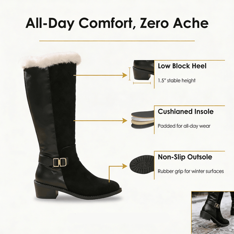 Velara Fleece-Lined Black Knee-High Winter Boots for Women