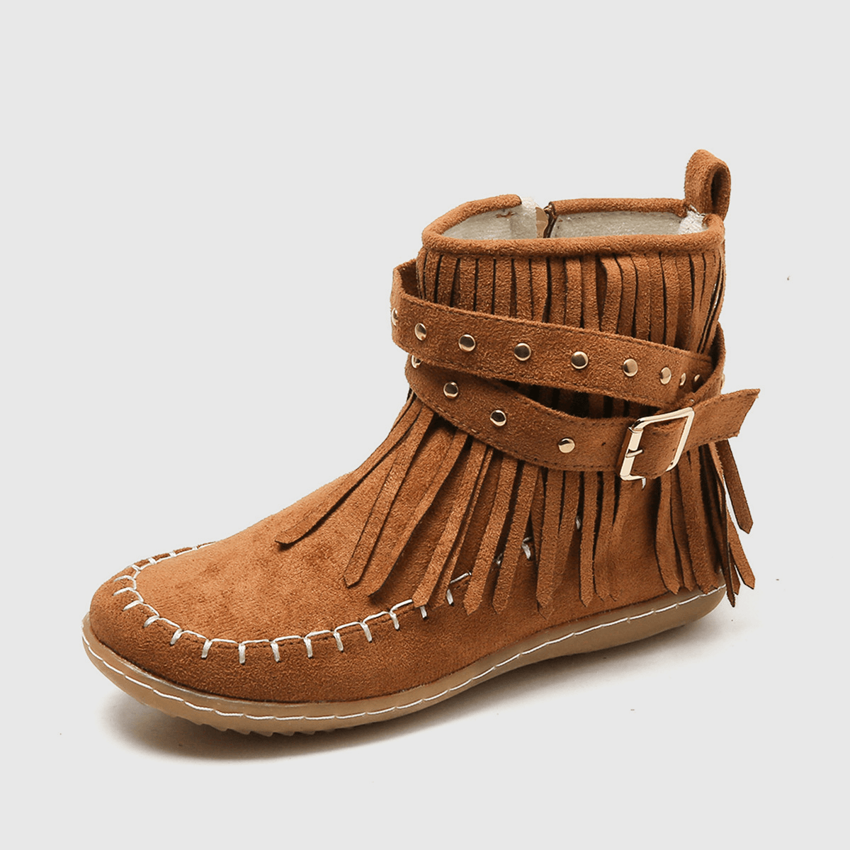 Black Suede Fringe Ankle Boots with Buckle Strap Detail