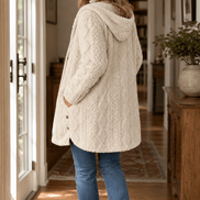 Women's Cable-Knit Hooded Longline Winter Coat with Button Hems