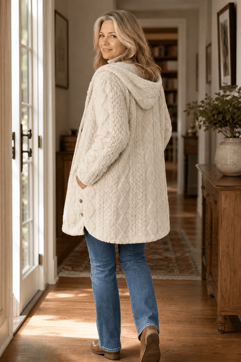 Women's Cable-Knit Hooded Longline Winter Coat with Button Hems