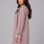 Women's Hooded Longline Jacket with Check Trim for Rainy Weather