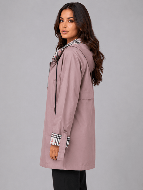 Women's Hooded Longline Jacket with Check Trim for Rainy Weather