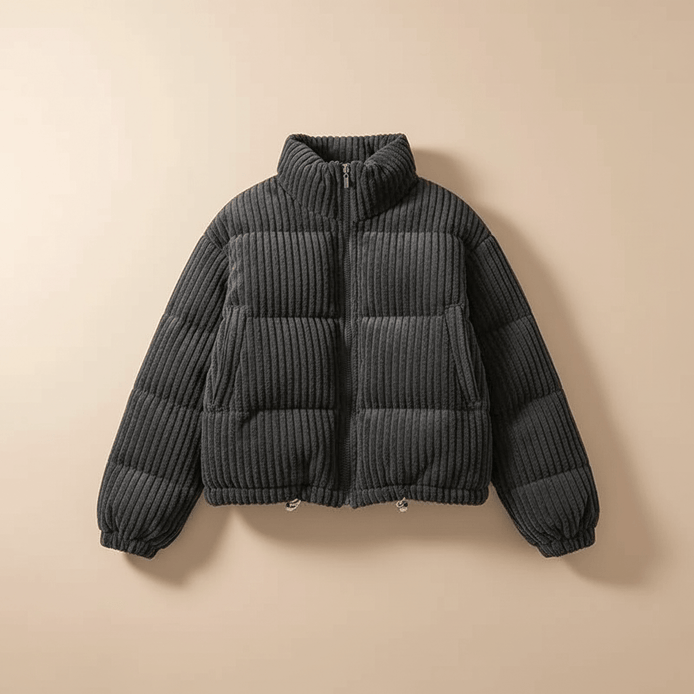 Cropped Ribbed Corduroy Quilted Puffer Jacket for Women