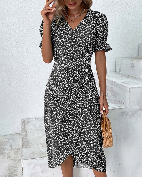 Floral Wrap Midi Dress in Polyester for Autumn and Christmas Parties