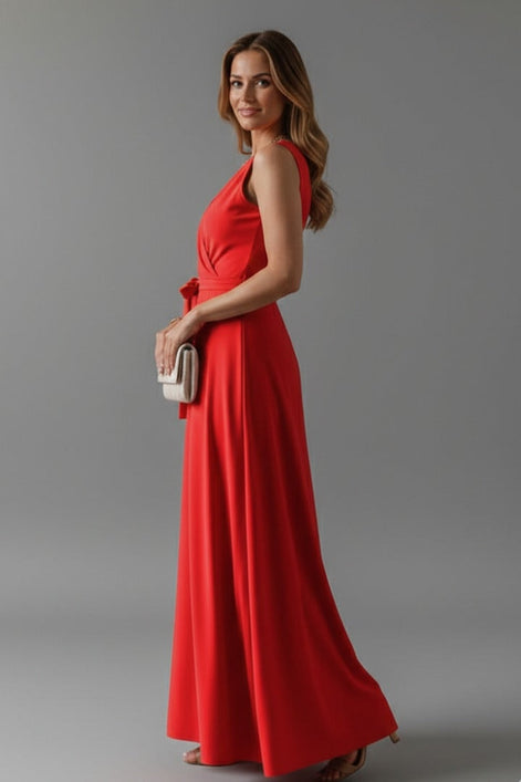 Satin Wrap Maxi Dress with Tie Waist for Christmas Party in Red