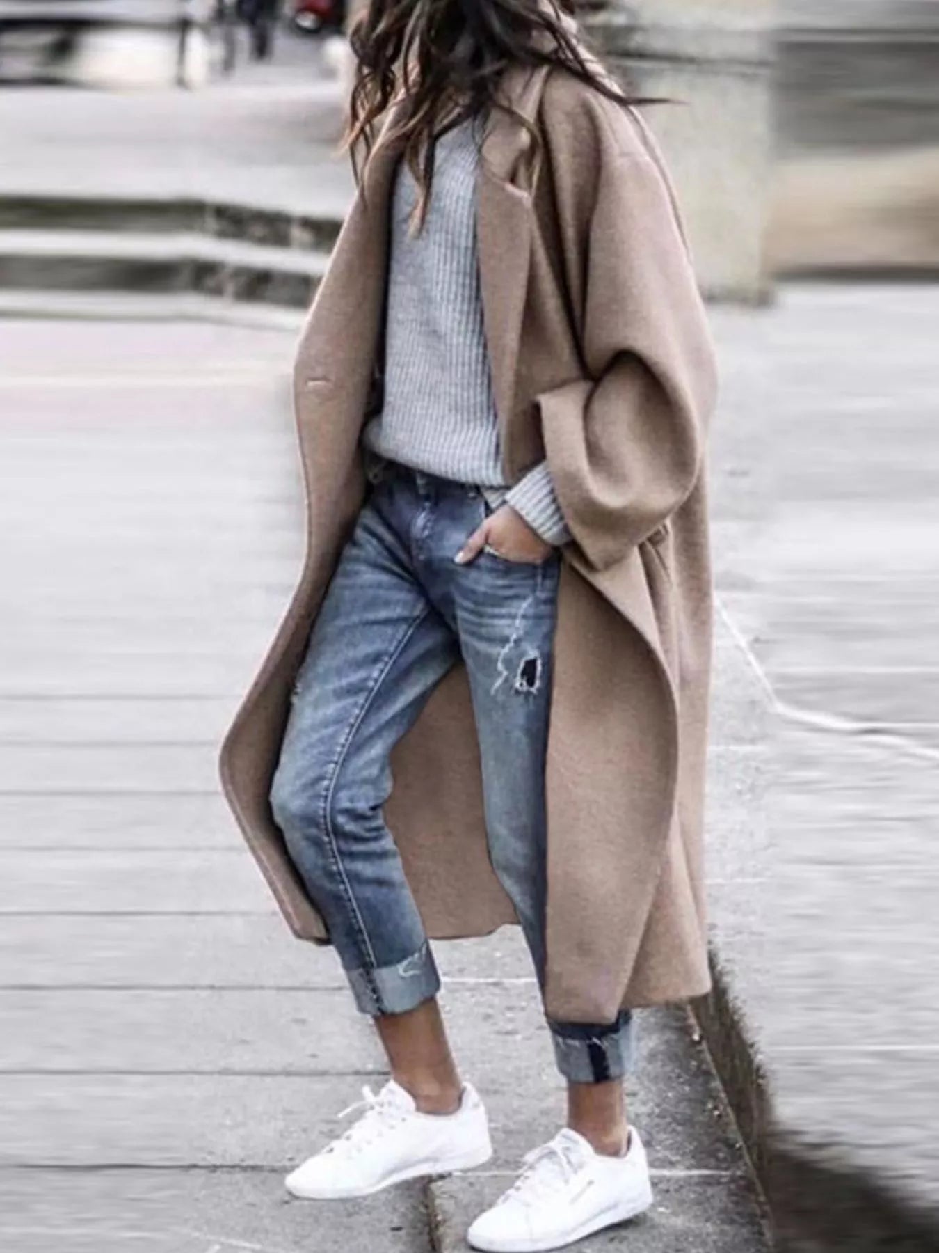 Oversized Long Winter Coat with Wide Sleeves in Wool Blend