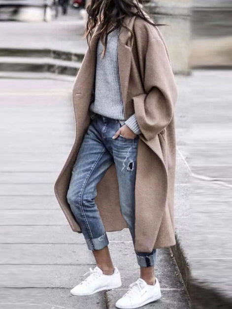 Oversized Long Winter Coat with Wide Sleeves in Wool Blend