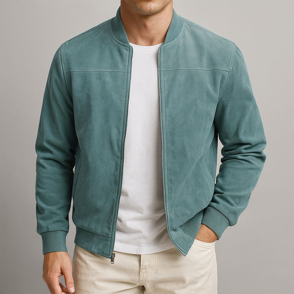 Men's Faux Suede Bomber Jacket with Ribbed Trim
