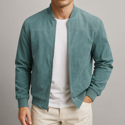 Men's Faux Suede Bomber Jacket with Ribbed Trim
