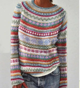 Dorothea Women's Fair Isle Crew Neck Knitted Jumper with Long Sleeves